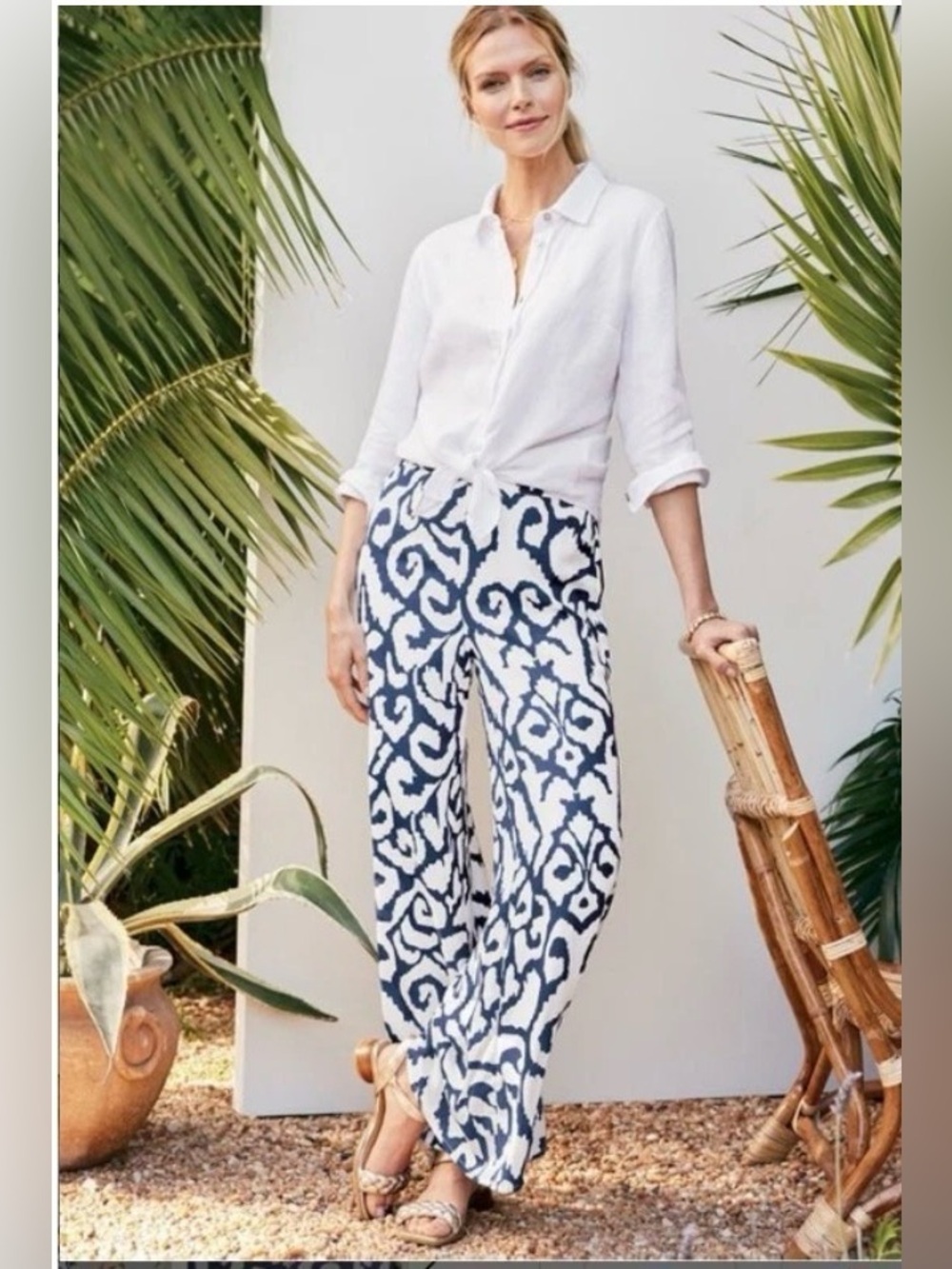 Soft Surroundings Coralina Sz M Blue White Ikat Bohemian Wide Leg Palazzo Pants